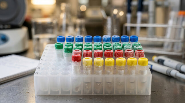 Frozen cryogenic sample vials in laboratory rack for medical research