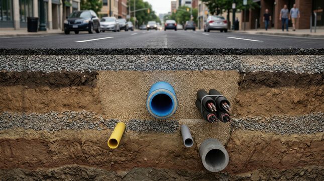 Cross section of city street showing underground pipes and infrastructure