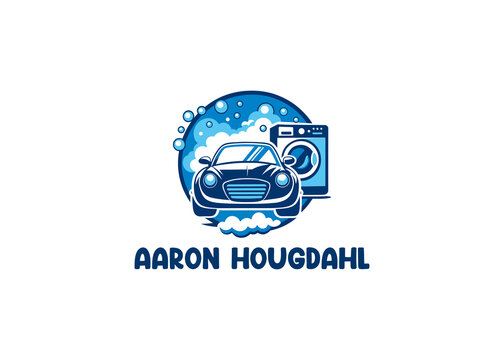 A blue car wash featuring a front view of a vehicle, a washing machine, soap bubbles, and the text aaron hougdahl on a white background