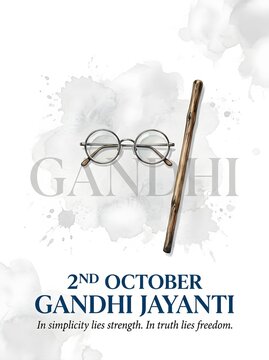 Gandhi Jayanti 2nd October commemorative poster, Mahatma Gandhi iconic spectacles and walking stick, minimalist watercolor tribute for Indian holiday