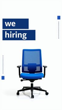 We hiring concept featuring an empty blue ergonomic office chair on white, advertising job recruitment