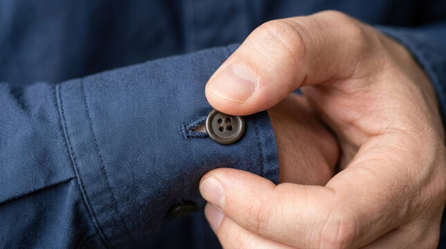 Man buttoning up the cuff of a dark blue cotton shirt sleeve