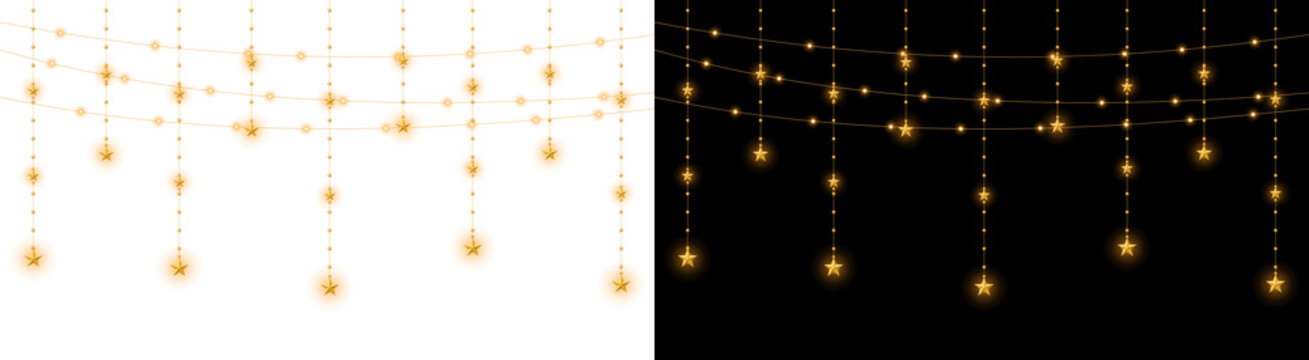 Golden hanging fairy light garlands with glowing stars on both black and white backgrounds for festive holiday decor