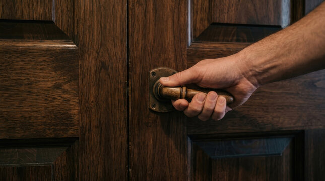 Man opening ancient wooden door by turning the brass handle knob