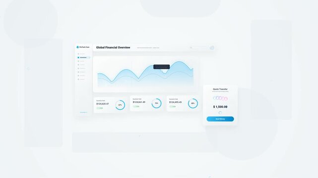 User interface animation of a modern financial dashboard application showing global overview charts data visualization and a quick money transfer portal