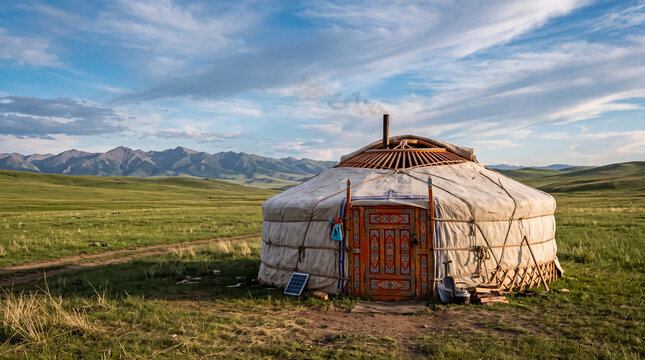Traditional nomadic yurt stands in a vast green steppe under blue sky