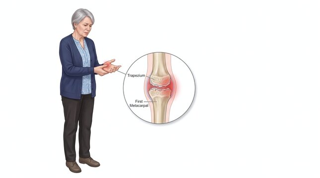 Elderly woman experiencing thumb pain with a medical illustration of wrist joint inflammation