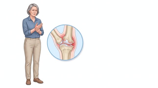 Elderly woman experiences joint pain illustration of arthritic bone structure