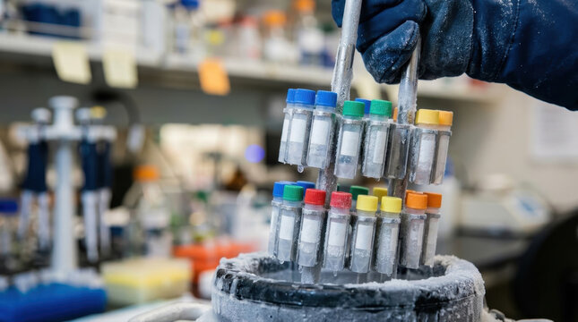 Scientist handling cryo vials with liquid nitrogen in laboratory