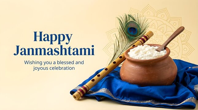 Happy Janmashtami greeting card with butter pot and flute, traditional Krishna Janmashtami celebration background, religious festival banner