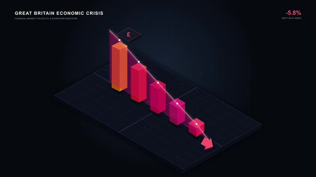 Pixelated bar graph animation showing downward trend, representing financial decline, recession, or negative growth