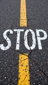 White word STOP on cracked asphalt, yellow line marking warning, concept of crisis and breaking point