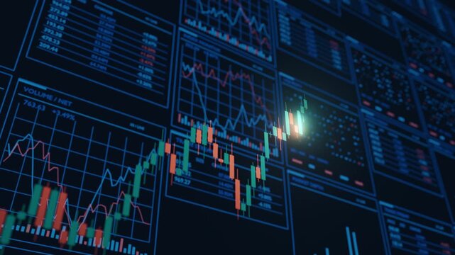 Colorful candlestick charts and financial data on digital screens conveying trading activity, market analysis, and investment trends.
