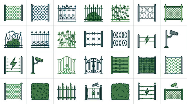Industrial security fence vector icon featuring a metallic chain link structure with coils of sharp razor wire or barbed wire on top for perimeter protection and prison security.