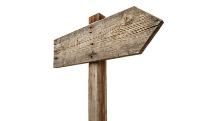 Old rustic weathered wooden pointer arrow signpost blank isolated on transparent background. © Olga