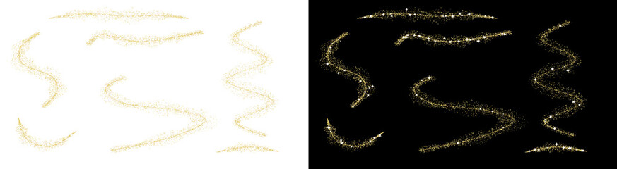Set of golden glitter stardust waves and glowing magic sparkles isolated on both white and black background textures © Wetocated