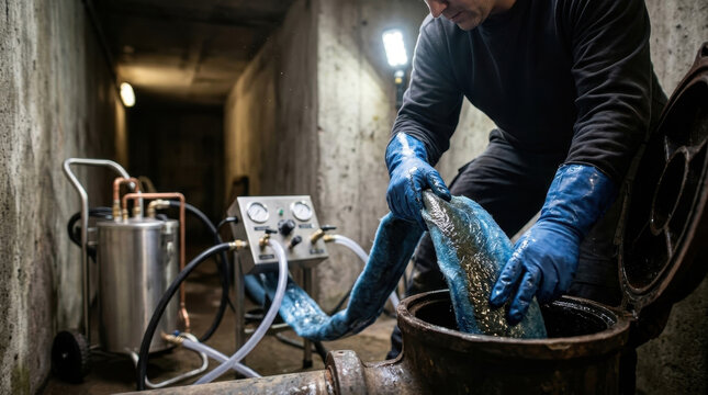 Worker cleaning underground pipeline with specialized flushing equipment