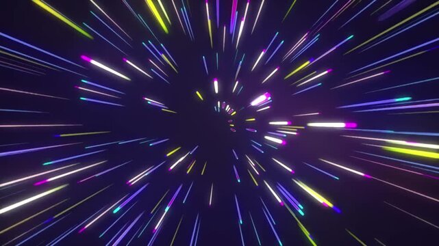 &ldquo;High-speed radial light burst, vibrant neon zoom lines shooting outward from the center, dynamic light trails, colorful purple, blue, pink and yellow streaks, dark background, intense motion blur, fu