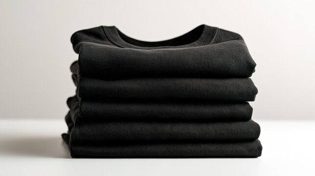 wardrobe. Neatly stacked black T-shirts arranged on a white surface, showcasing simplicity and modern style. lifestyle magazines.