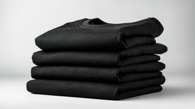 wardrobe. Neatly stacked black T-shirts arranged on a white surface, showcasing simplicity and modern style. lifestyle magazines.