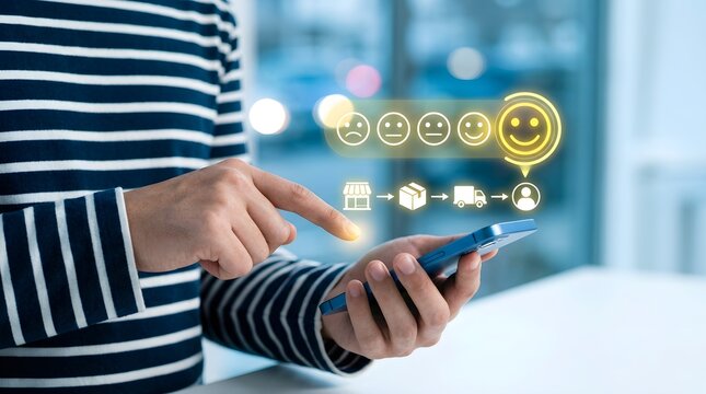 Customer satisfaction rating on smartphone, person providing positive feedback with smiley face icons, digital consumer experience and logistics tracking