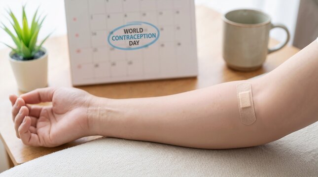 Person with adhesive bandage on arm after contraceptive implant procedure. Calendar marked for World Contraception Day on wooden table