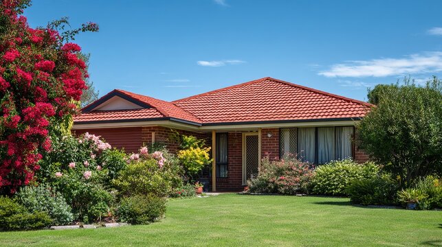 suburban. Suburban Australian home with a red roof, lush lawn, and clear blue skies, embodying tranquil living. lifestyle magazines.
