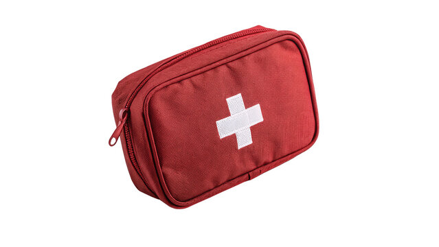 Red nylon fabric first aid kit medical bag isolated on transparent background.