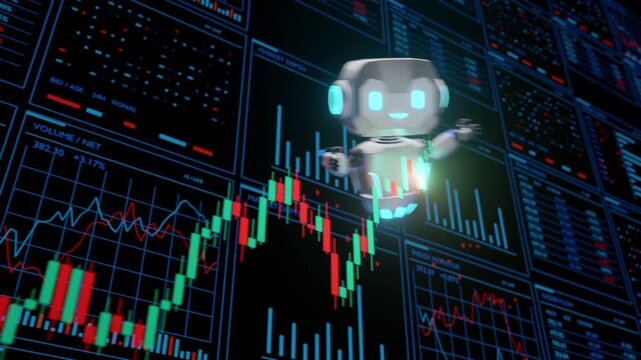 Futuristic AI robot analyzing stock market charts and financial data on a digital trading dashboard.