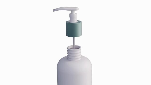A 3D white pump bottle disassembles as its green cap and dispenser nozzle lift vertically away from the neck against a white background.