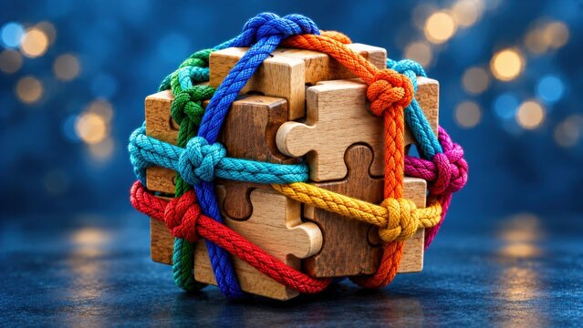 Wooden puzzle cube bound by colorful knotted ropes representing complex problem solving and business challenges.