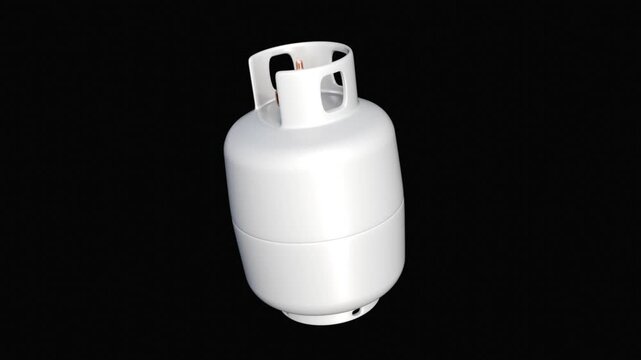 A white 3D propane gas tank with a brass valve rotates continuously on a vertical axis against a black background.