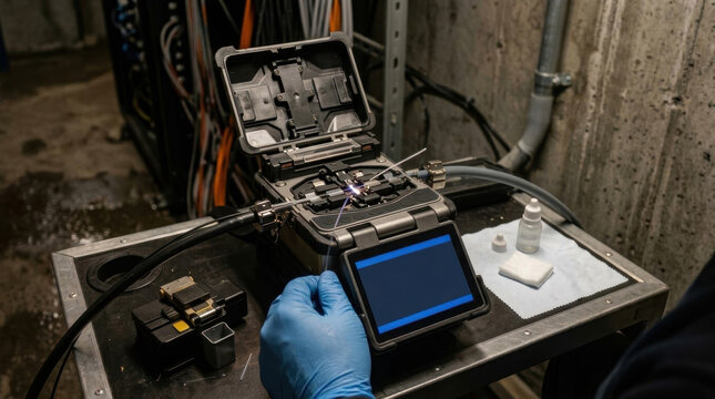 Technician splicing fiber optic cables using a fusion splicer machine