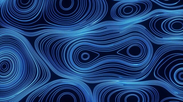 Glowing cyan contour lines gently shift and reshape across a dark navy field, forming concentric rings, flowing waves, and smooth organic curves in a luminous abstract pattern