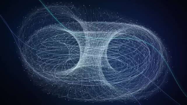 Digital particle torus wireframe spinning in technology motion background loop 4K