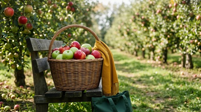 Wicker basket filled with freshly harvested red and green apples on wooden bench in orchard. Autumn harvest background with copy space