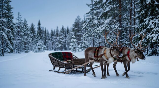 Reindeer standing with traditional wooden sleigh in snowy pine forest. Pair of caribou harnessed to sled in winter wilderness. Lapland Christmas travel concept