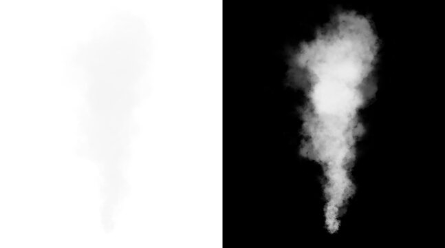 Atmospheric white smoke plume on black background, realistic steam vapor trail, thick cigarette smoke cloud with alpha channel mask