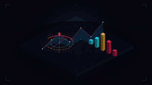 Pixelated isometric graph data visualization motion graphic showing financial analysis and growth trends