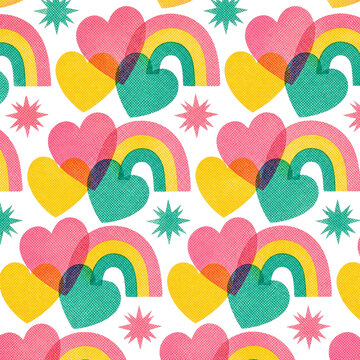 Colorful overlapping hearts and rainbow arches risograph pattern