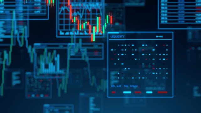 Stock market trading dashboard showing candlestick charts, market depth, analytics and financial data visualization.