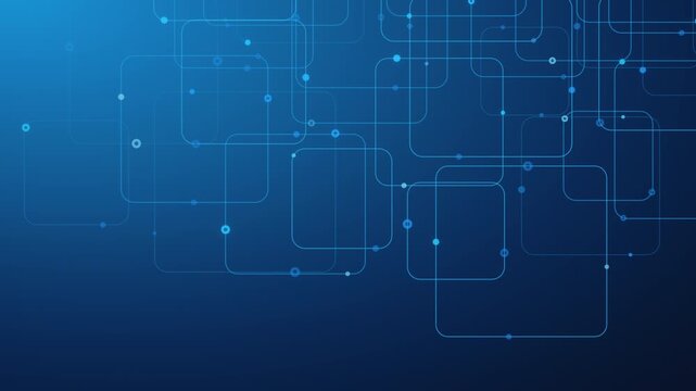 Blue abstract technology background showing interconnected nodes, lines and rounded squares suggesting digital networks and data flow.