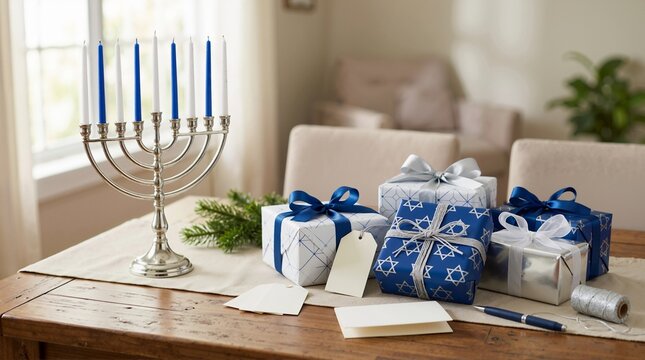 Hanukkah gift boxes and silver menorah on a wooden table. Wrapped presents with Star of David patterns, blank cards, and blue candles
