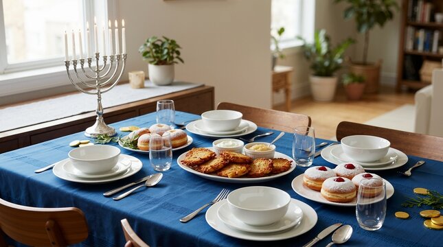 Hanukkah holiday dinner table with lit menorah and traditional foods. Sufganiyot donuts, potato latkes, and chocolate gelt on a blue tablecloth