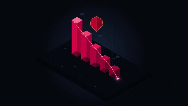 Red pixelated bar chart showing downward trend with falling dart icon symbolizing business loss, financial crisis, or stock market crash
