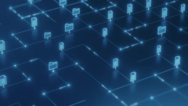Glowing digital file and folder icons connected across a network representing data organization and cloud storage.