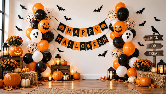 Halloween party decoration with balloon arches, pumpkin lanterns, bat ornaments, autumn flowers, rustic crates and festive pennant banner in bright indoor setting