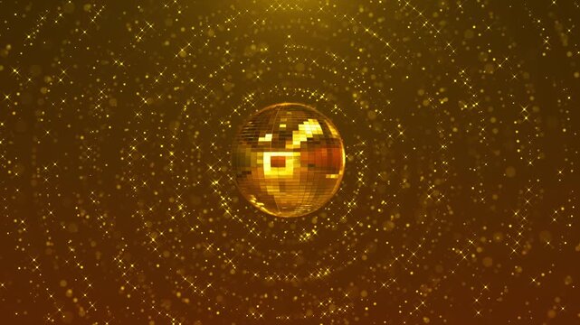 Reflective golden disco sphere glows inside field of shimmering stars sparkling particles, energetic scene for dance events, retro celebrations, nightlife promotions, concerts festive entertainment.