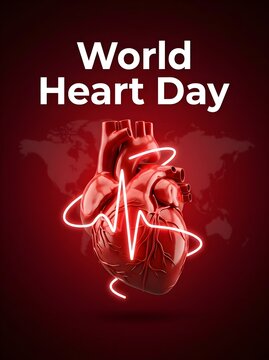World Heart Day concept with anatomical human heart, glowing neon pulse line on dark red background, medical healthcare awareness poster