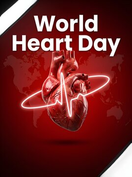 World Heart Day medical poster, realistic human heart with glowing pulse line, cardiovascular health awareness concept on red background